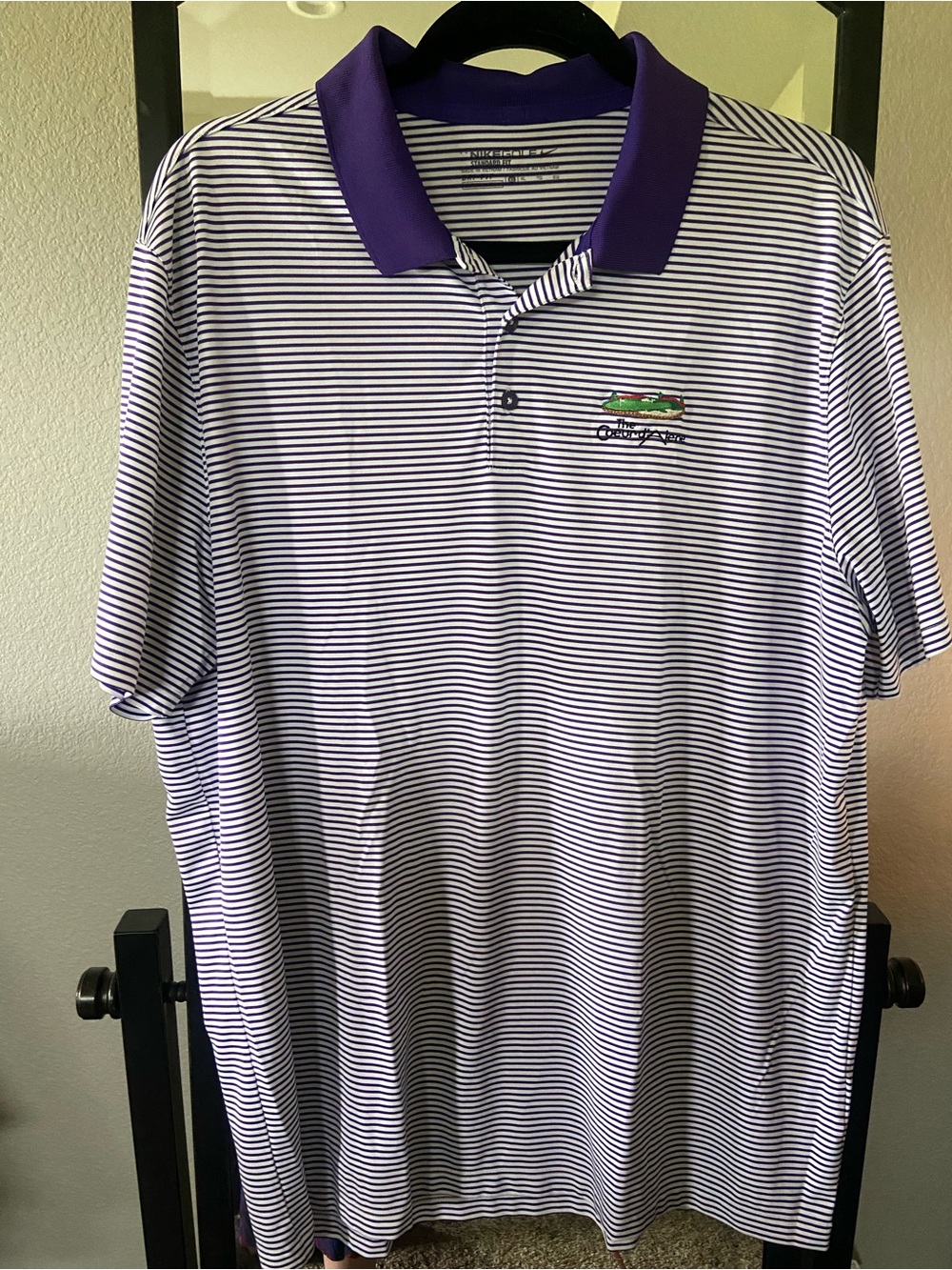 Nike White and Purple Striped Polo with Purple Collar